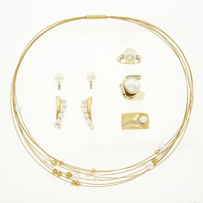 Lot 1212 - Group of Gold, Cultured Pearl and Diamond Jewelry