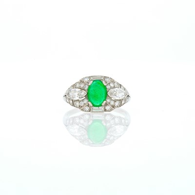 Lot 2123 - Platinum, Cabochon Emerald and Diamond Ring