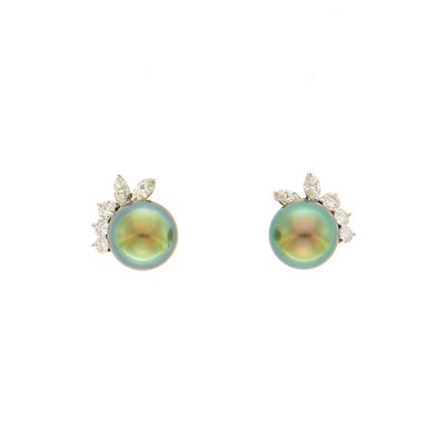 Lot 2080 - Pair of White Gold, Gray Tahitian Cultured Pearl and Diamond Earrings