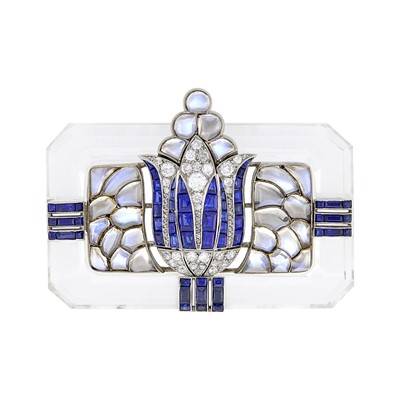 Lot 68 - Platinum, White Gold, Carved Rock Crystal, Sapphire, Moonstone and Diamond Egyptian Lotus Brooch