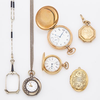 Lot 1251 - White Gold, Black Onyx and Seed Pearl Lorgnette and Group of Gold-Filled and Silver Pocket Watches and Locket