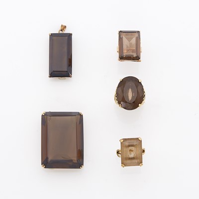 Lot 1209 - Gold, Low Karat Gold, Gold-Filled and Smoky Quartz Pendant-Brooch, Brooch and Three Rings
