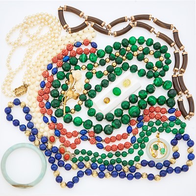 Lot 1258 - Group of Gold, Low Karat Gold, Gold-Filled and Hardstone Jewelry and Three Unmounted Gemstones