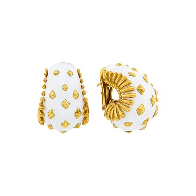 Lot 148 - David Webb Pair of Gold and White Enamel Bombé Earrings