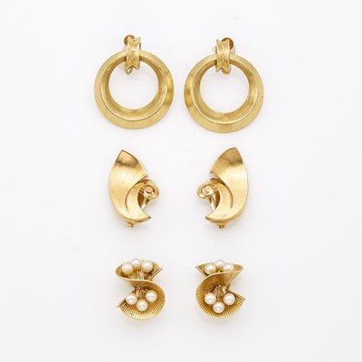 Lot 1215 - Three Pairs of Gold and Cultured Pearl Earclips