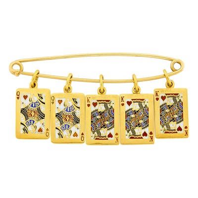Lot 155 - Cartier Gold and Enamel Card Charm Safety Pin Brooch