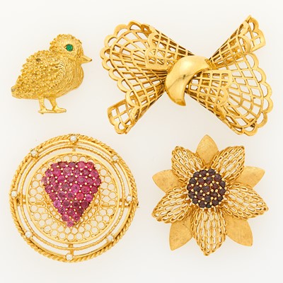 Lot 1229 - Three Gold and Gem-Set Brooches