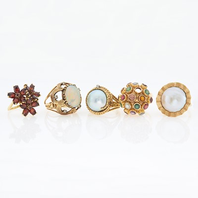 Lot 1222 - Five Gold, Gem-Set and Mabé Pearl Rings