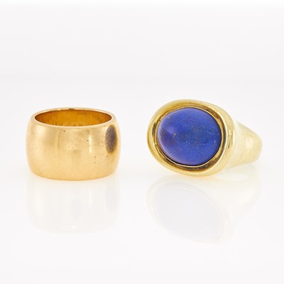 Lot 1225 - Trio Gold and Lapis Ring and Wide Gold Band Ring