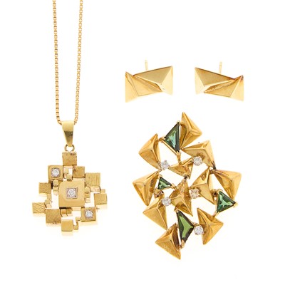 Lot 2158 - Gold, Tourmaline and Simulated Diamond Brooch and Pair of Earrings and Gold and Diamond Pendant with Chain Necklace