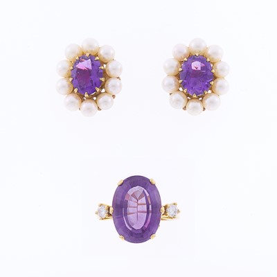 Lot 1241 - Pair of Gold, Amethyst and Cultured Pearl Earrings and Amethyst and Diamond Ring