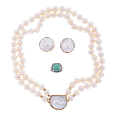 Lot 1255 - David Yurman Silver, Turquoise and Diamond Ring and Group of Cultured and Mabé Blister Pearl Jewelry