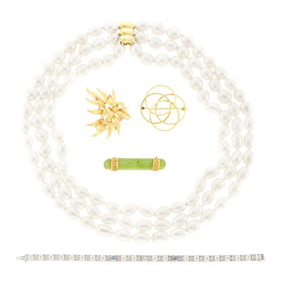 Lot 2219 - Group of Gold, White Gold, Cultured Pearl, Nephrite Jade and Colored Stone Jewelry