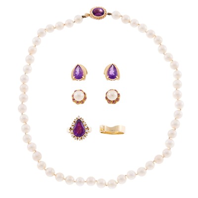 Lot 1243 - Group of Gold, Cultured Pearl, Amethyst and Diamond Jewelry