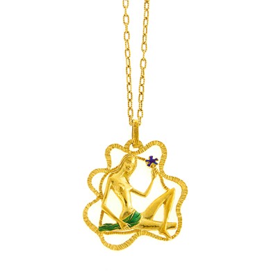 Lot 1172 - Gold and Enamel Figure Pendant with Long Chain Necklace