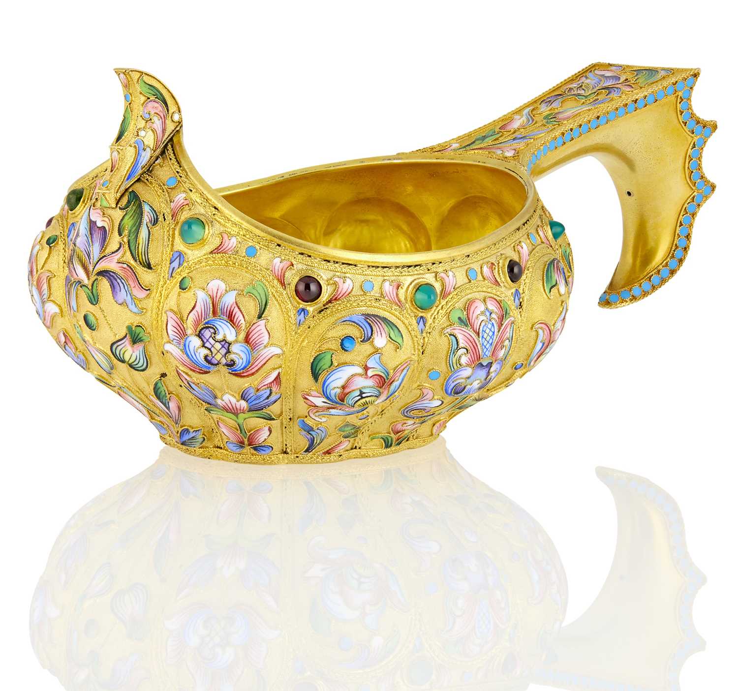 Lot 7 - Russian Gem-Set Silver-Gilt and Cloisonné Enamel Kovsh