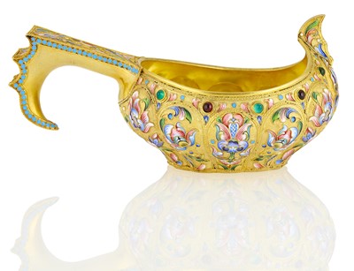 Lot 7 - Russian Gem-Set Silver-Gilt and Cloisonné Enamel Kovsh