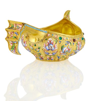 Lot 7 - Russian Gem-Set Silver-Gilt and Cloisonné Enamel Kovsh