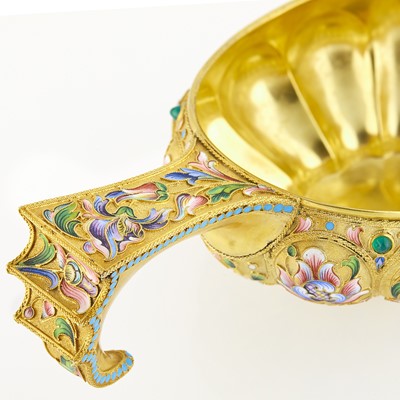 Lot 7 - Russian Gem-Set Silver-Gilt and Cloisonné Enamel Kovsh