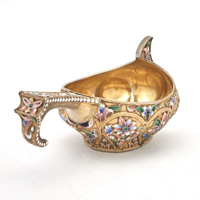 Lot 9 - Russian Silver-Gilt and Cloisonné Enamel Kovsh