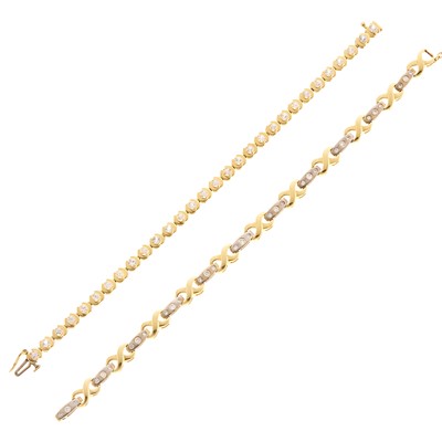 Lot 1213 - Two-Color Gold and Diamond Bracelet and Simulated Diamond Bracelet