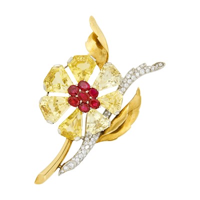 Lot 1119 - Gold, Platinum, Yellow Sapphire, Ruby and Diamond Brooch