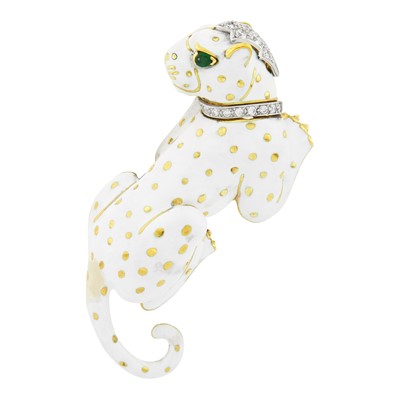 Lot 83 - David Webb Gold, Platinum, White Enamel, Diamond and Emerald Panther Clip-Brooch