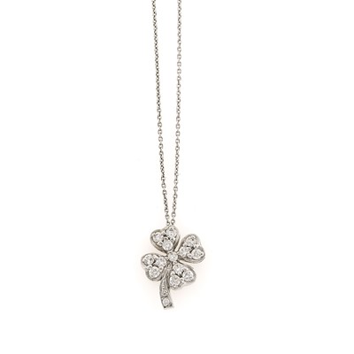 Lot 1192 - White Gold and Diamond Four Leaf Clover Pendant with Chain Necklace