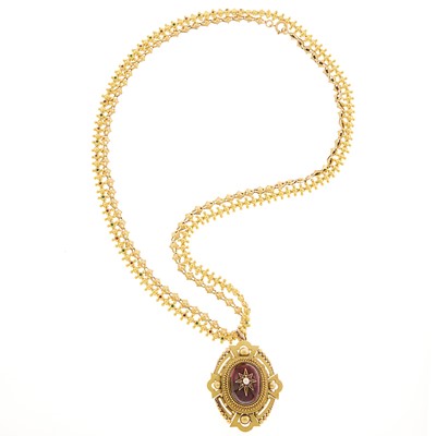 Lot 1112 - Antique Gold, Cabochon Garnet, Split Pearl and Diamond Pendant with Two Attached Necklaces