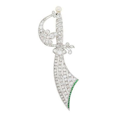 Lot 54 - Platinum, Diamond, Pearl and Emerald Sword Brooch