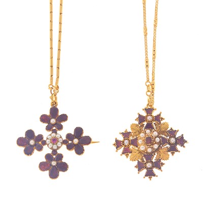 Lot 1108 - Two Antique Gold, Garnet and Split Pearl Pendant-Brooches with Gold Chains