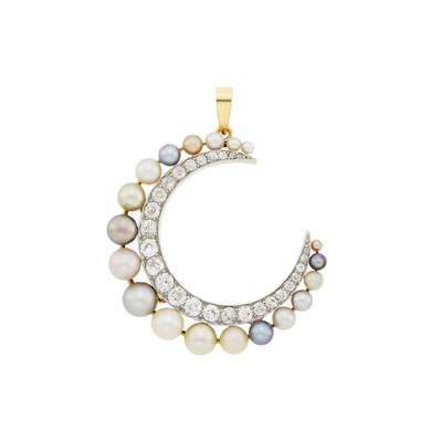 Lot 52 - Antique Platinum, Gold, Diamond and Multicolored Pearl Crescent Pendant
