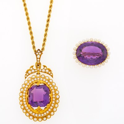 Lot 2123 - Gold, Amethyst and Split Pearl Pendant with Chain Necklace and Brooch