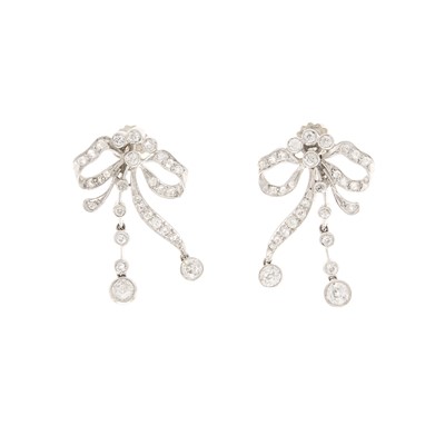 Lot 1095 - Pair of Rhodium-Plated Platinum, Gold and Diamond Bow Earclips