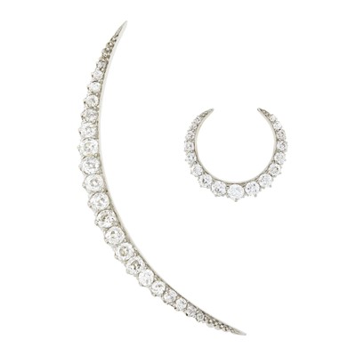 Lot 51 - Two Antique Platinum, Gold and Diamond Crescent Pins