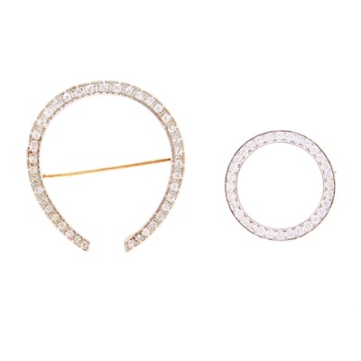 Lot 1101 - Two-Color Gold and Diamond Horseshoe Brooch and Circle Pin