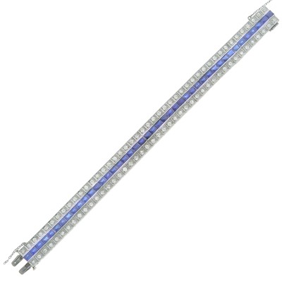 Lot 1102 - Platinum, Synthetic Sapphire and Diamond Bracelet