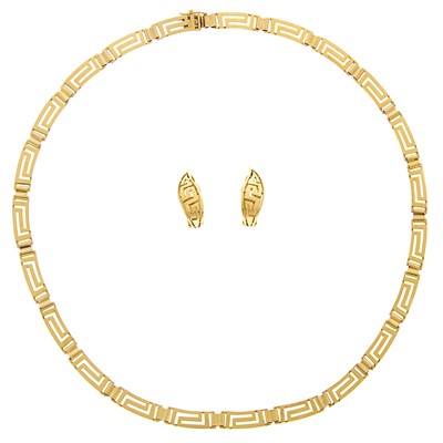 Lot 1044 - Gold Greek Key Necklace and Pair of Earclips