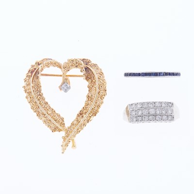 Lot 1257 - Gold and Diamond Heart Brooch and Two Rings