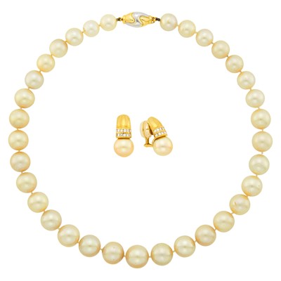 Lot 1021 - Golden Cultured Pearl Necklace and Pair of Gold, Diamond and Golden Cultured Pearl Earrings