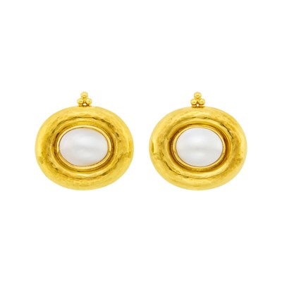 Lot 1004 - Elizabeth Gage Pair of Hammered Gold, Mabé Pearl and Diamond Earclips