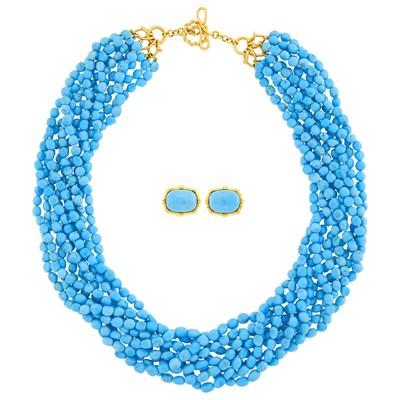 Lot 1040 - Valentin Magro Multistrand Treated Turquoise Bead Necklace with Gold Clasp and Pair of Gold and Treated Turquoise Earclips