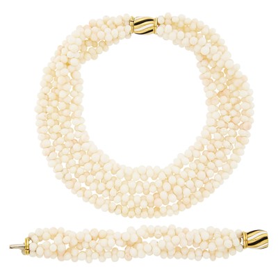 Lot 1047 - Bulgari Multistrand Angel Skin Coral Bead Torsade Necklace and Bracelet with Gold and Enamel Clasps