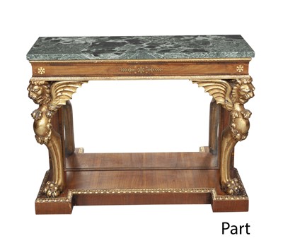 Lot 151 - Pair of Regency Style Parcel-Gilt and Brass Inlaid Rosewood Marble Top Console Tables