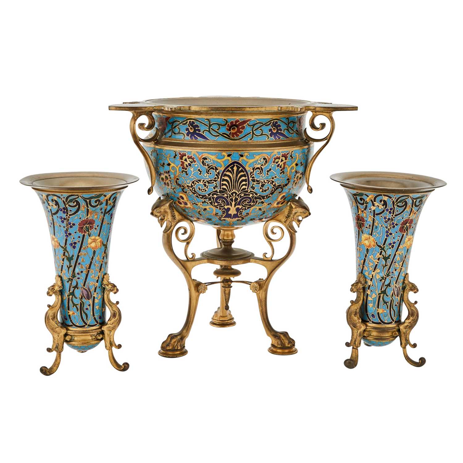 Lot 239 - French Champlevé Enameled Gilt-Bronze Three-Piece Garniture