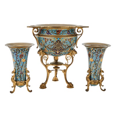 Lot 292 - French Champlevé Enameled Gilt-Bronze Three-Piece Garniture