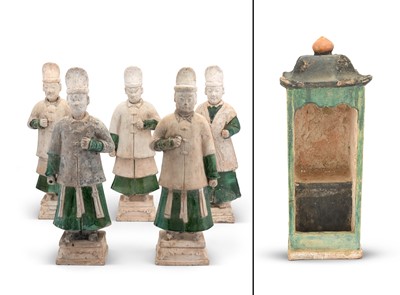 Lot 620 - A Group of Chinese Sancai Glazed Pottery of Attendants and a Sedan Chair
