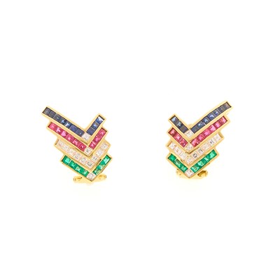 Lot 1222 - Pair of Gold, Colored Stone and Diamond Earclips