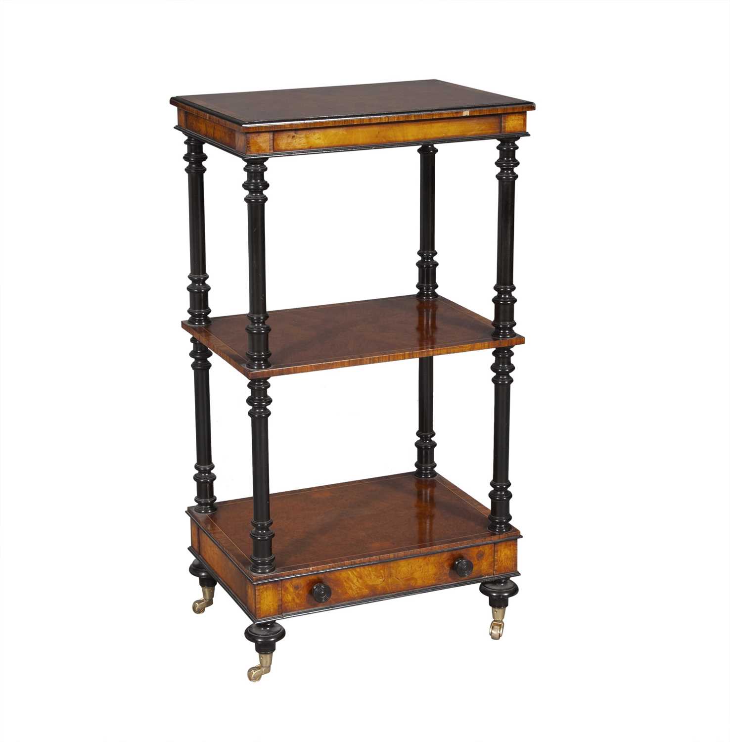 Lot 311 - Regency Style Burl Walnut and Ebonized Three-Tier Etag´ere with One Drawer