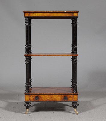 Lot 311 - Regency Style Burl Walnut and Ebonized Three-Tier Etag´ere with One Drawer